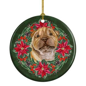 Shar Pei Puppy Poinsetta Wreath Ceramic Ornament Christmas Tree Hanging Decorations for Home Christmas Holiday, Party, Gift, 3 in, Multicolor