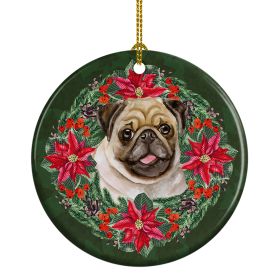 Fawn Pug Poinsetta Wreath Ceramic Ornament Christmas Tree Hanging Decorations for Home Christmas Holiday, Party, Gift, 3 in, Multicolor