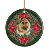 German Shepherd Poinsetta Wreath Ceramic Ornament Christmas Tree Hanging Decorations for Home Christmas Holiday, Party, Gift, 3 in, Multicolor