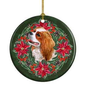 Cavalier Spaniel Poinsetta Wreath Ceramic Ornament Christmas Tree Hanging Decorations for Home Christmas Holiday, Party, Gift, 3 in, Multicolor