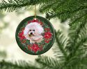 Bichon Frise #2 Poinsetta Wreath Ceramic Ornament Christmas Tree Hanging Decorations for Home Christmas Holiday, Party, Gift, 3 in, Multicolor