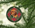 Dachshund Poinsetta Wreath Ceramic Ornament Christmas Tree Hanging Decorations for Home Christmas Holiday, Party, Gift, 3 in, Multicolor