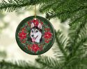 Siberian Husky #2 Poinsetta Wreath Ceramic Ornament Christmas Tree Hanging Decorations for Home Christmas Holiday, Party, Gift, 3 in, Multicolor