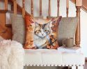 American Curl Cat in Fall Leaves Throw Pillow Machine Washable, Indoor Outdoor Decorative Pillow for Couch, Bed or Patio, 14Hx14W