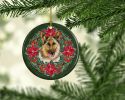 German Shepherd Poinsetta Wreath Ceramic Ornament Christmas Tree Hanging Decorations for Home Christmas Holiday, Party, Gift, 3 in, Multicolor